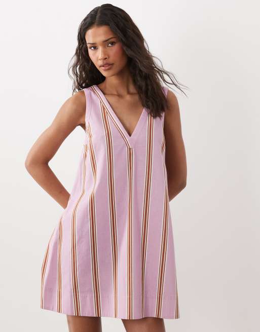 ASOS DESIGN cotton linen v neck smock mini dress in red stripe, 2 of 4