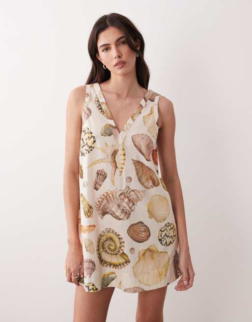 ASOS DESIGN cotton linen  v neck smock mini dress in shell print - MULTI, 2 of 4