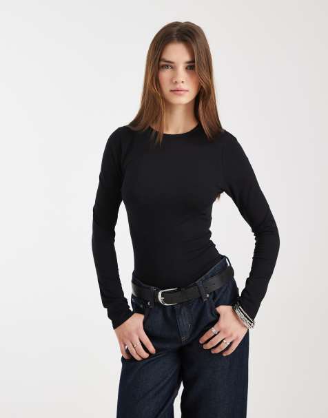 ASOS DESIGN cotton long sleeve bodysuit in black