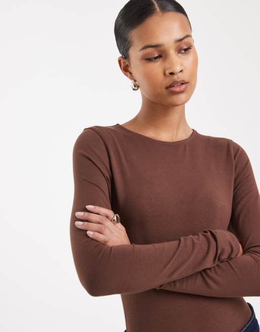 ASOS DESIGN cotton long sleeve bodysuit in brown, 4 of 4