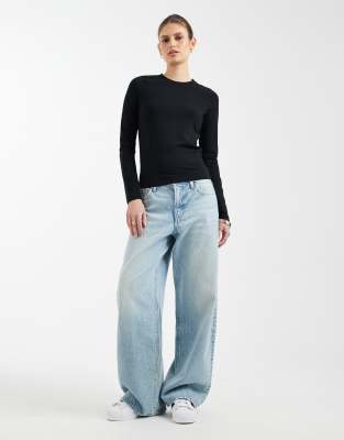 ASOS DESIGN cotton long sleeve round neck top in black