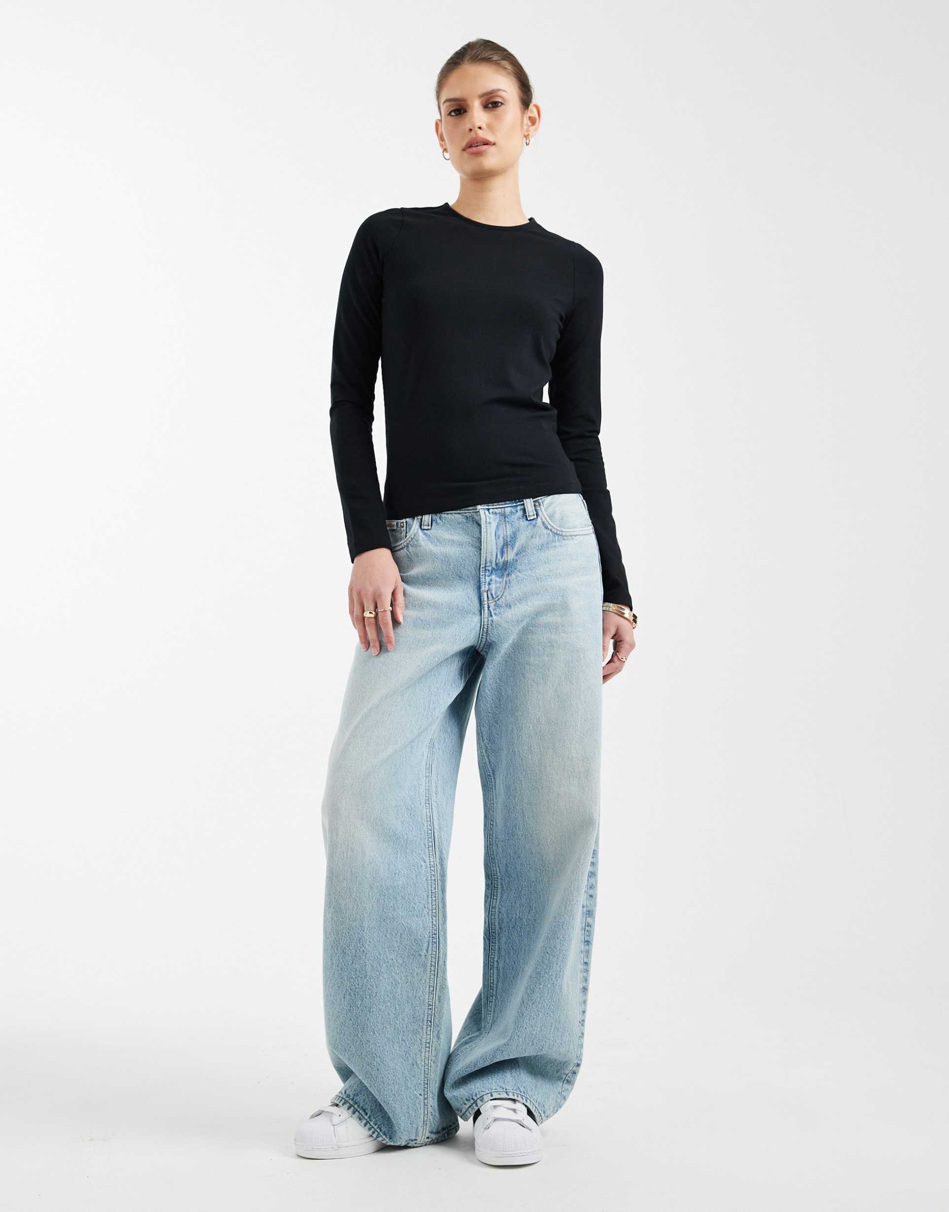 asos design cotton long sleeve round neck top in black