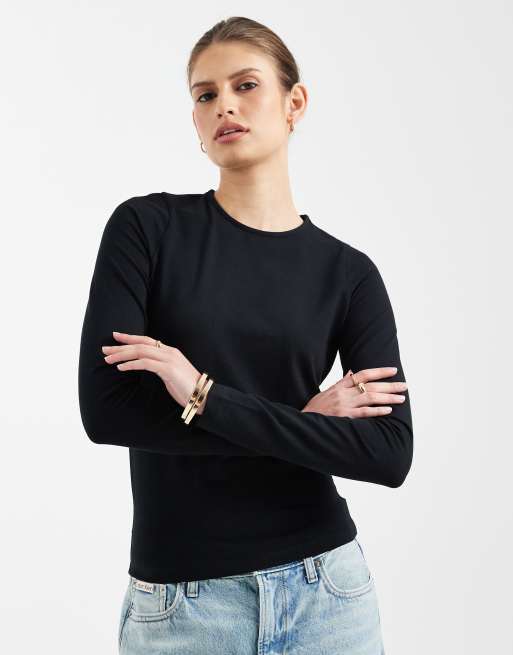 ASOS DESIGN cotton long sleeve round neck top in black, 2 of 4