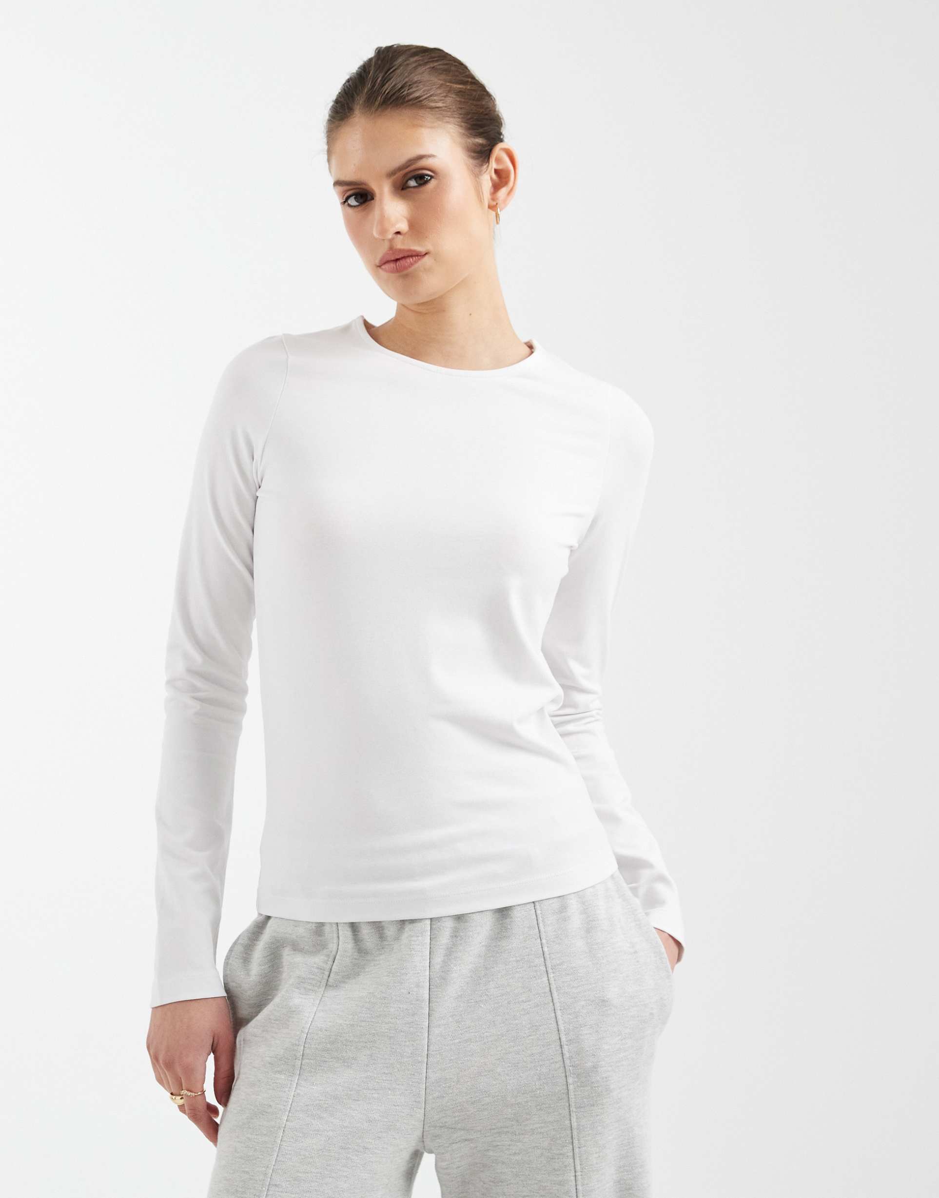 asos design cotton long sleeve round neck top in white