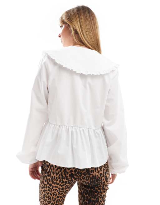 ASOS DESIGN cotton long sleeve top with large frill collar detail in white, 4 of 4