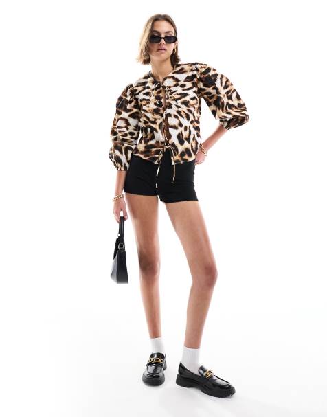 ASOS DESIGN cotton long sleeve top with ties in leopard print - view 1