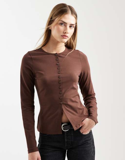 ASOS DESIGN cotton longline button through top in chocolate