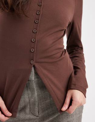 Asos Design Cotton Longline Button Through Top In Brown