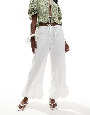 Asos Design Cotton Look Frill Hem Lace Trim Pants In White