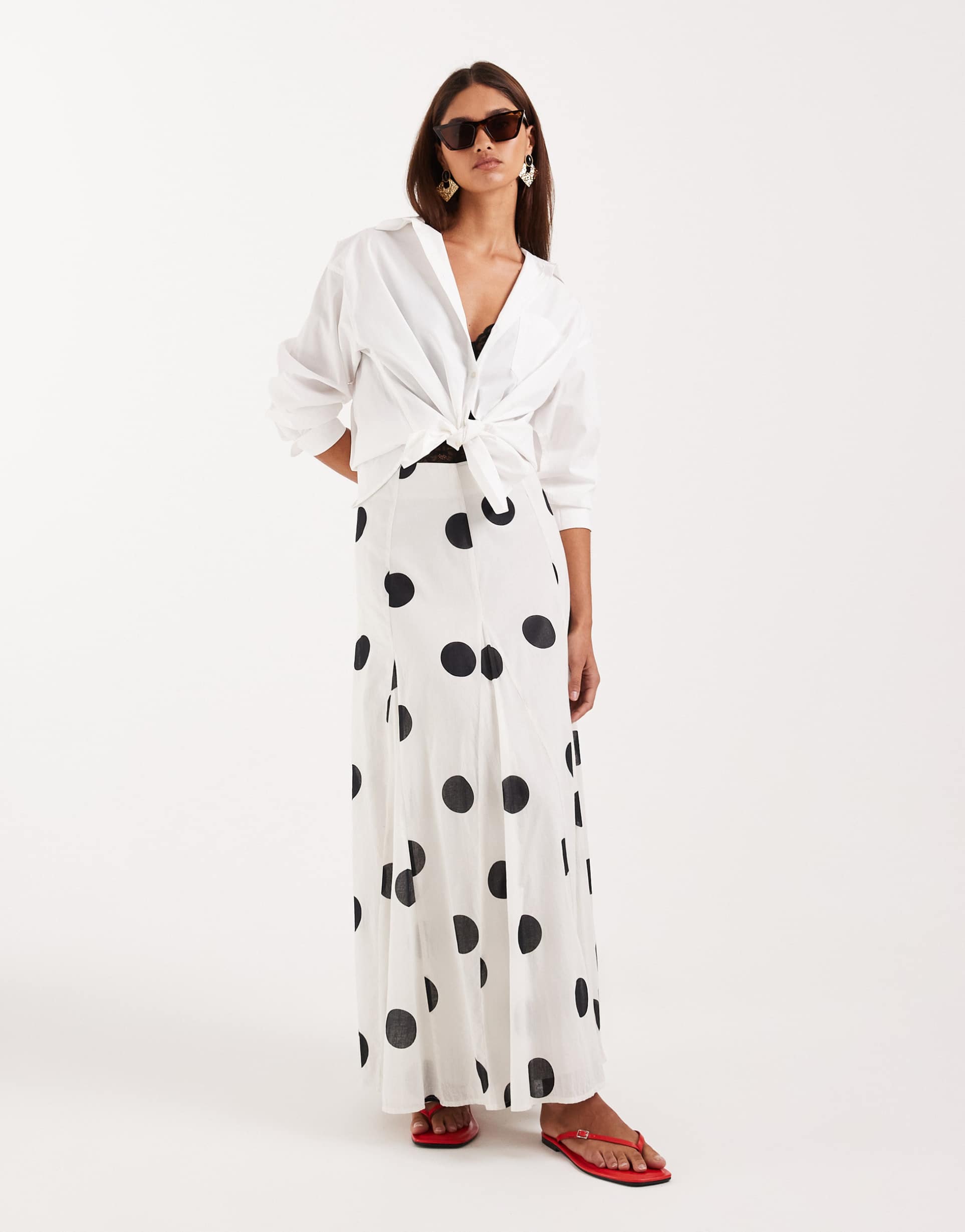 asos design cotton look godet maxi skirt in polka-dot print
