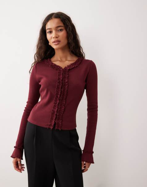 ASOS DESIGN cotton look ribbed cardigan with ruffle detail in burgundy - view 1