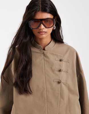 Asos Design Cotton Mandarin Detail Bomber Jacket In Green