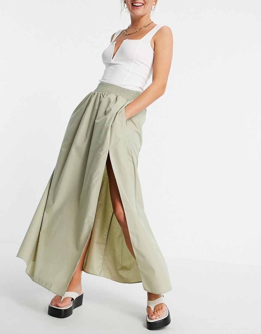 ASOS DESIGN cotton maxi skirt with side split detail in khaki-Green