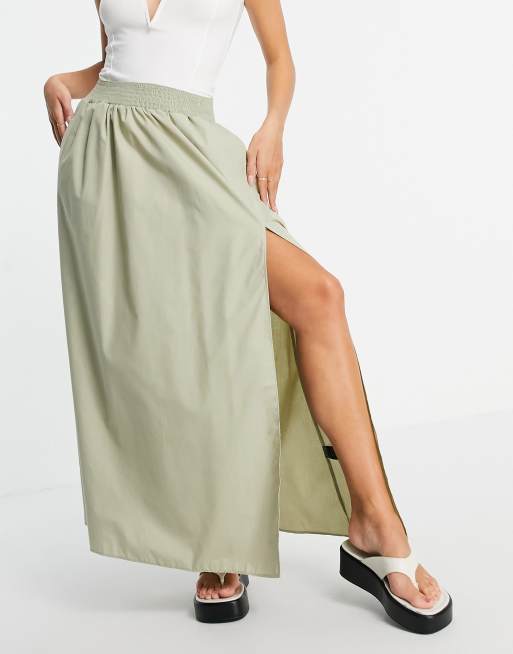 ASOS DESIGN cotton maxi skirt with side split detail in khaki