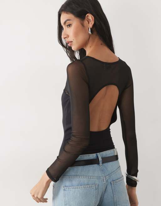 ASOS DESIGN cotton mesh mix bodysuit with cutout detail in black, 3 of 4