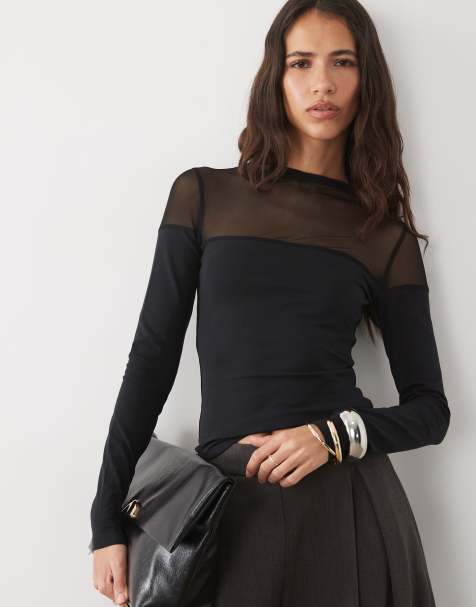 ASOS DESIGN cotton mesh  mix long sleeve top with bardot detail in black - view 1