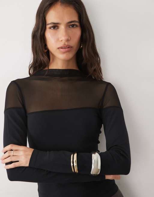 ASOS DESIGN cotton mesh  mix long sleeve top with bardot detail in black, 3 of 4