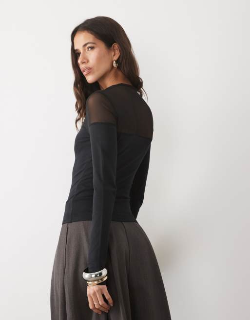ASOS DESIGN cotton mesh  mix long sleeve top with bardot detail in black, 4 of 4