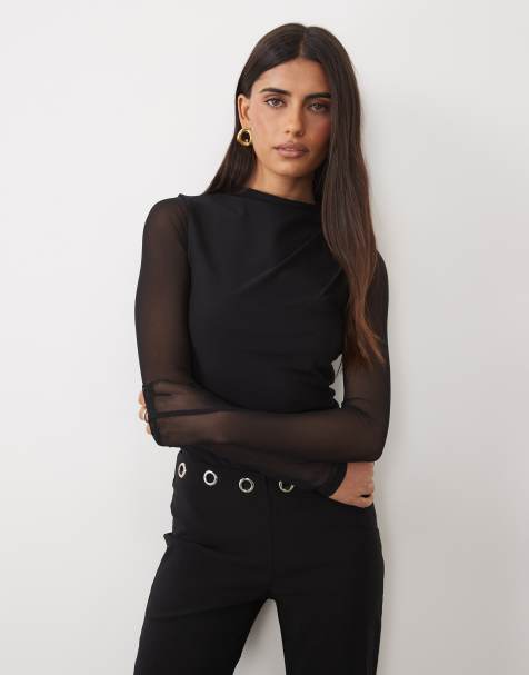 ASOS DESIGN cotton mesh mix long sleeve top with shoulder gathers in black - view 1