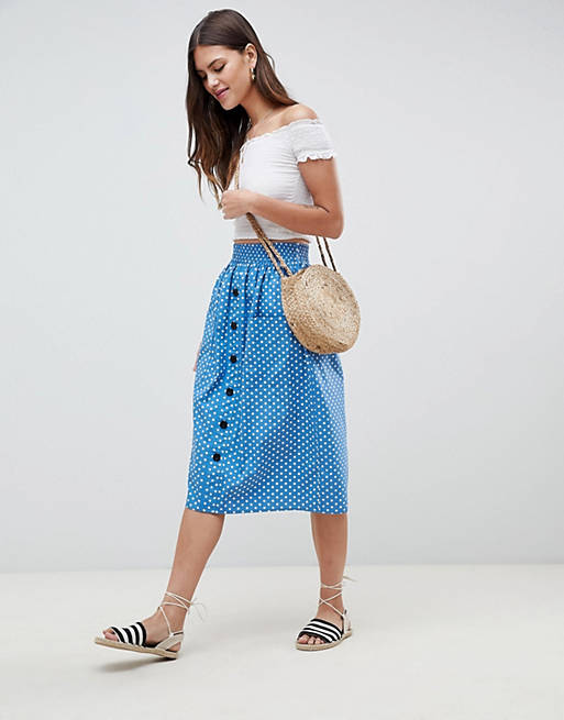 ASOS DESIGN cotton midi skirt with button front in spot