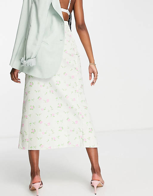 Skirts cotton midi skirt with side ruched split in ditsy floral print 
