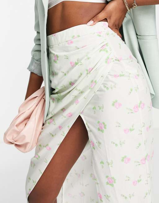 ASOS DESIGN cotton midi skirt with side ruched split in ditsy floral print