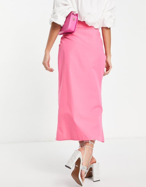 ASOS DESIGN cotton midi skirt with side ruched split in hot pink