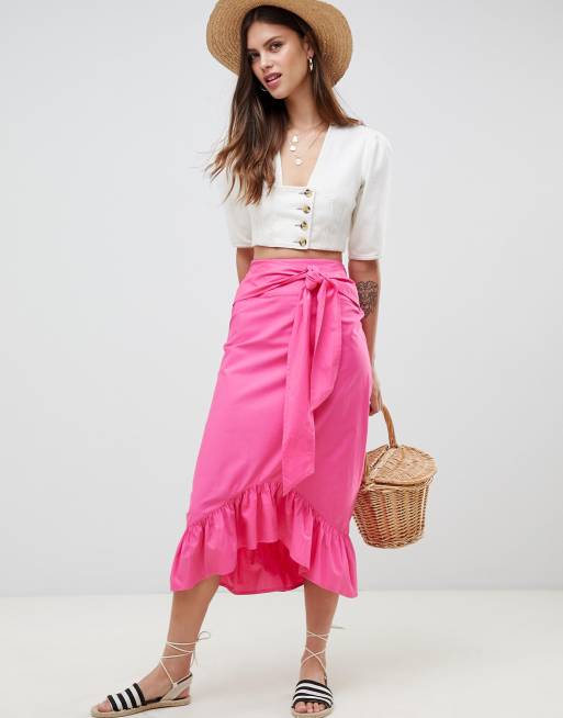 ASOS | ASOS DESIGN cotton midi skirt with tie belt and ruffle hem