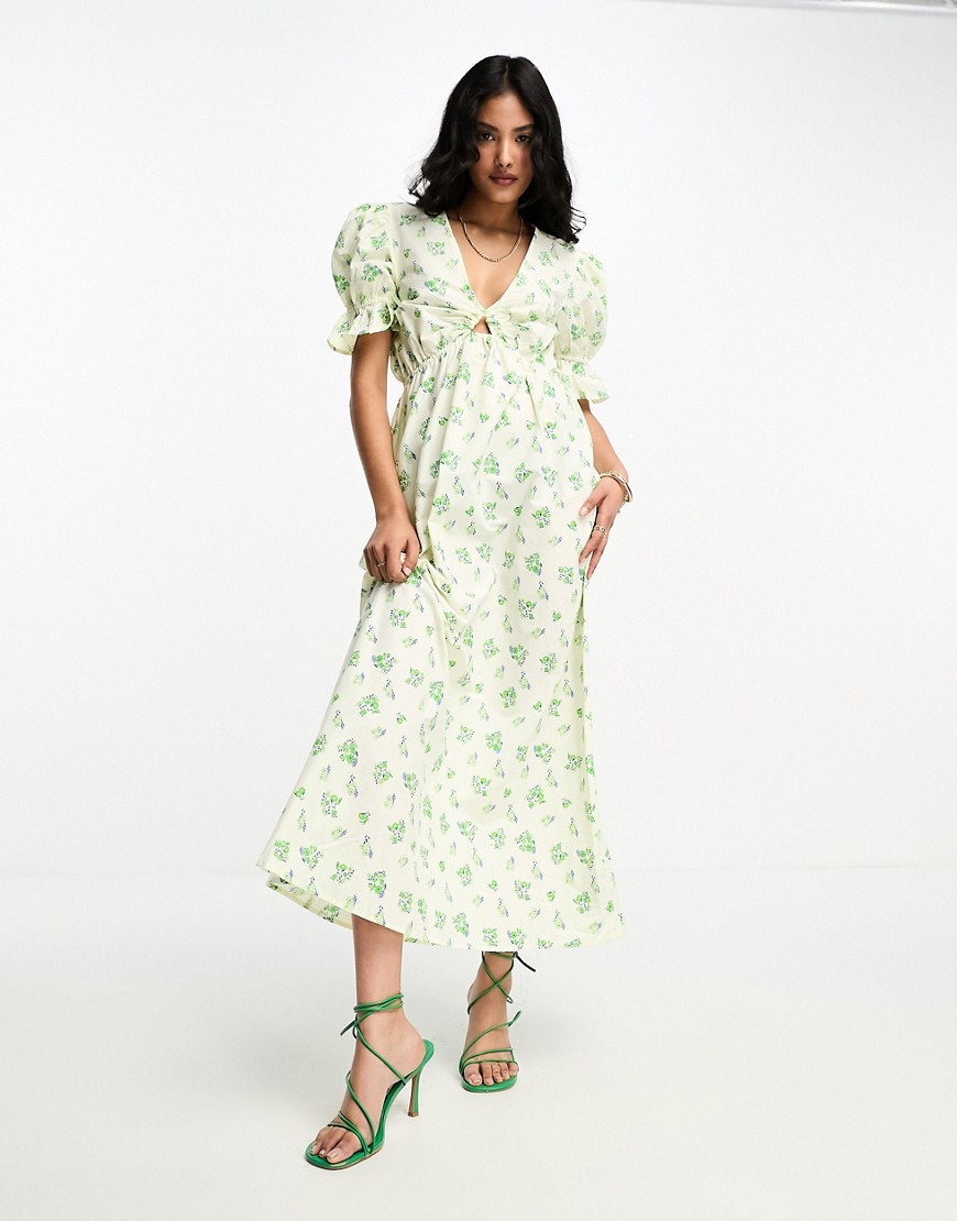 ASOS DESIGN cotton midi smock dress in cream based green floral print-Multi