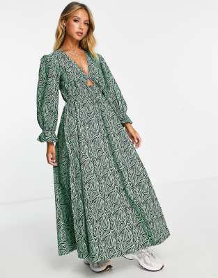 ASOS DESIGN cotton midi smock dress in green zebra