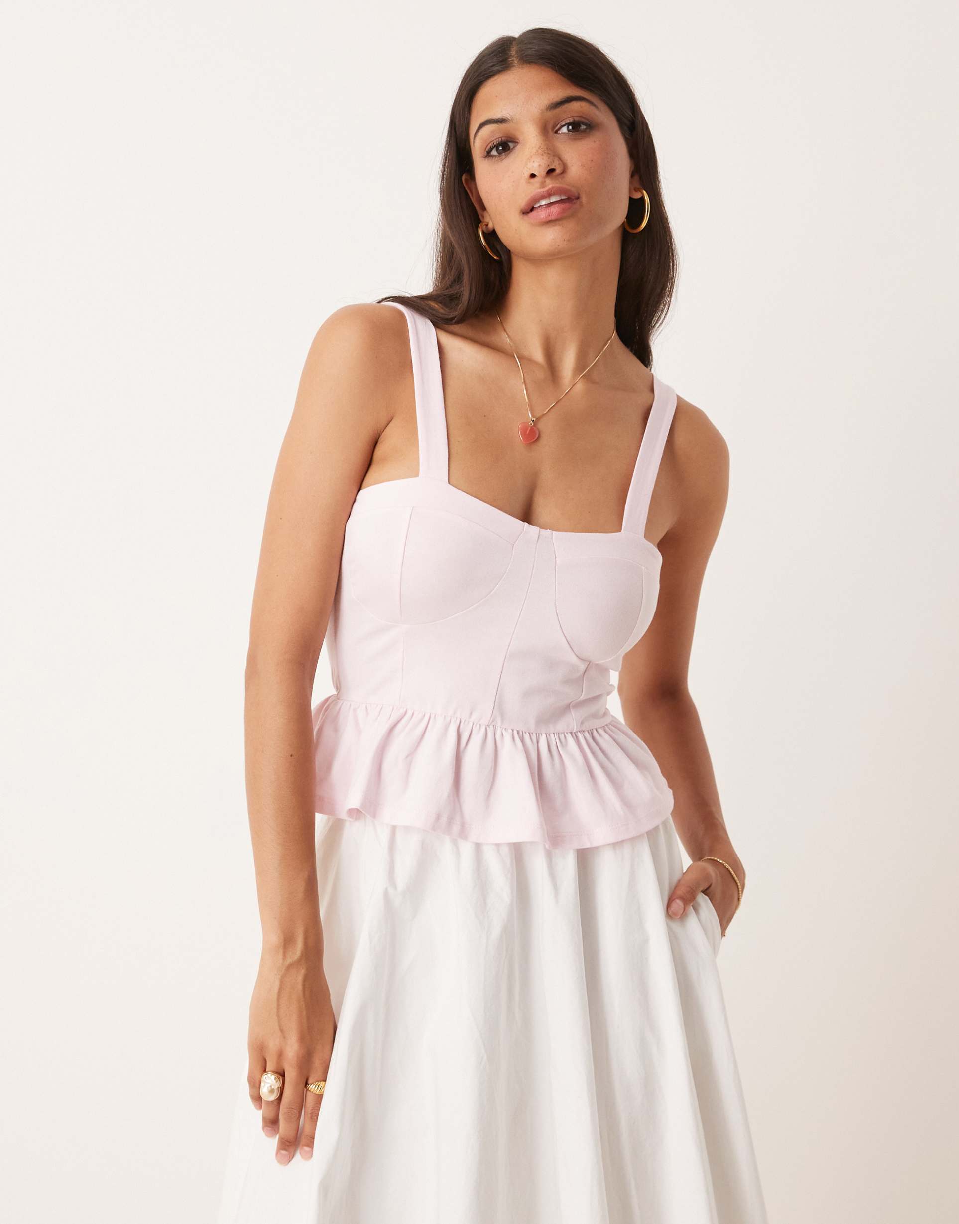 asos design cotton milkmaid corset top with frill hem in pastel pink