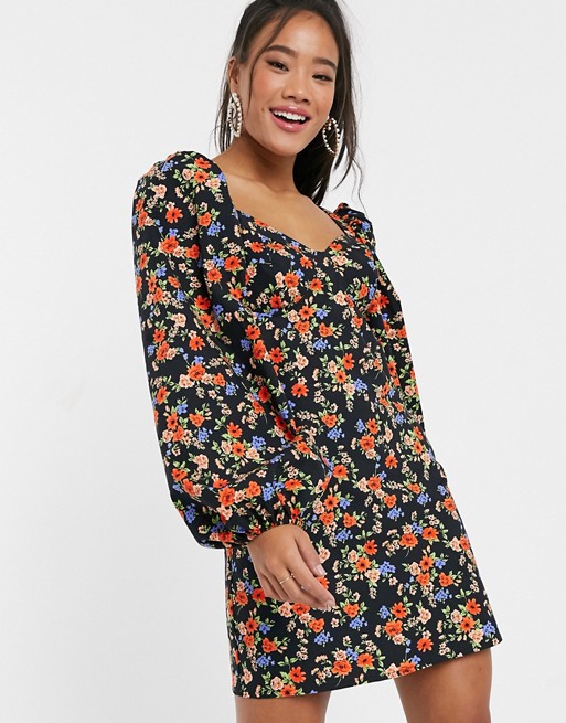 ASOS DESIGN cotton mini dress with puff sleeves in ditsy floral