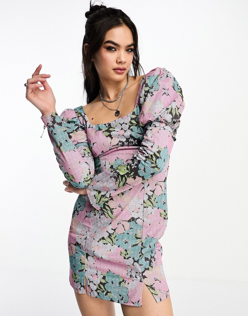 Asos Design Cotton Mini Dress With Removable Sleeves In Floral Print-multi