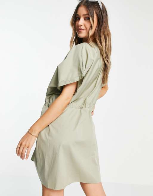 ASOS DESIGN cotton mini smock dress with gathered waist in khaki, 2 of 4