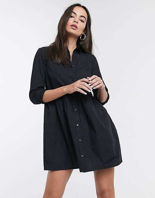 Women cotton mini smock shirt dress in black 