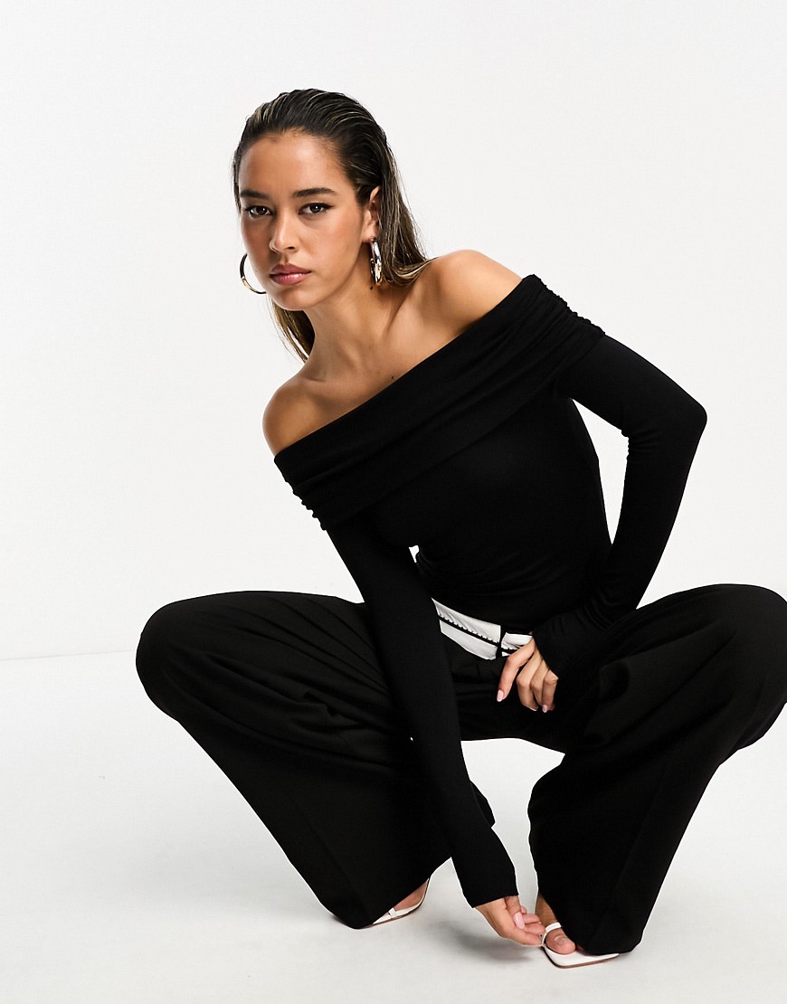ASOS DESIGN cotton modal clean fold over bardot bodysuit in black