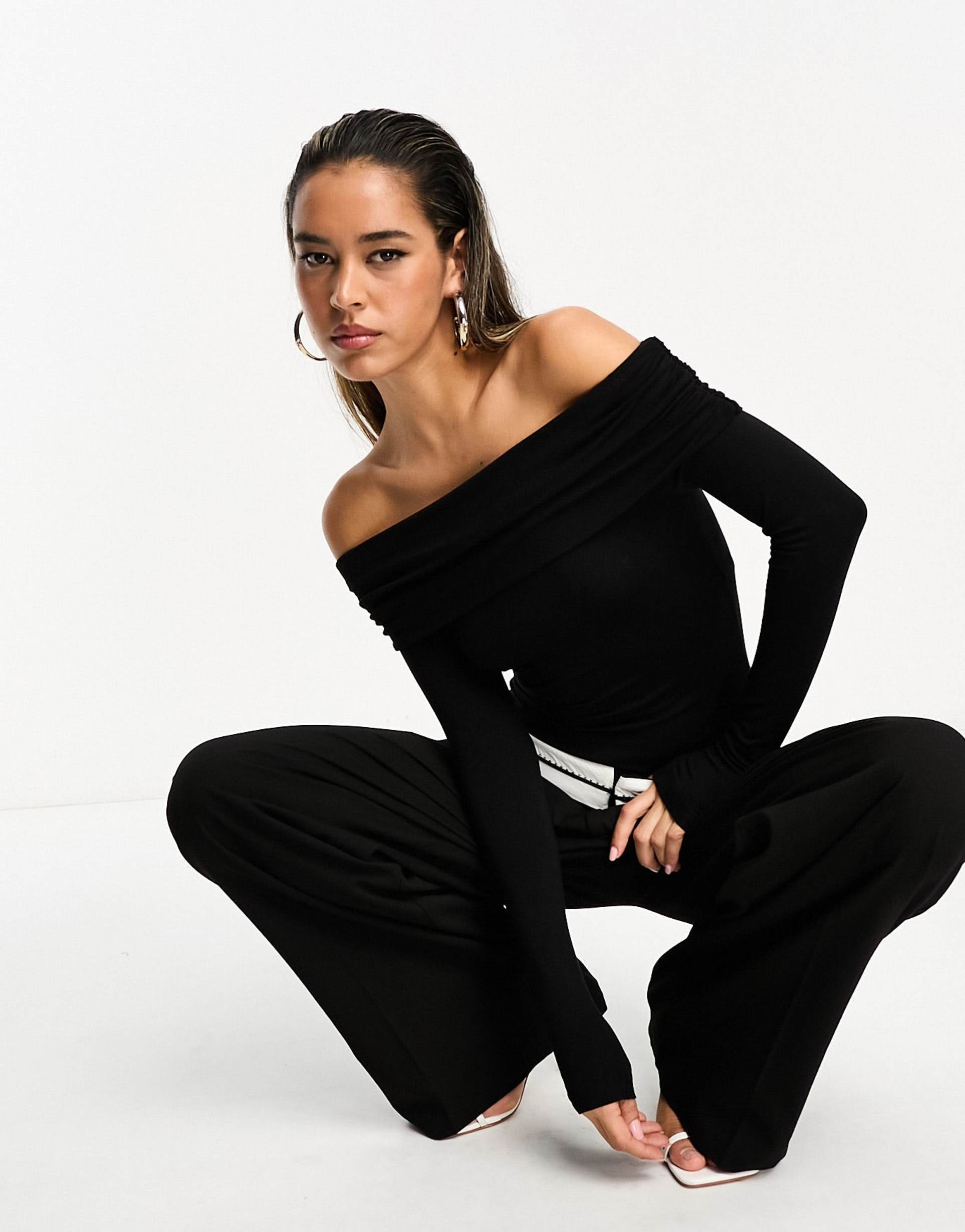 asos design cotton modal clean fold over bardot bodysuit in black
