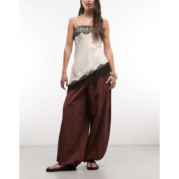ASOS DESIGN cotton nylon blend pull-on balloon pants in brown | ASOS