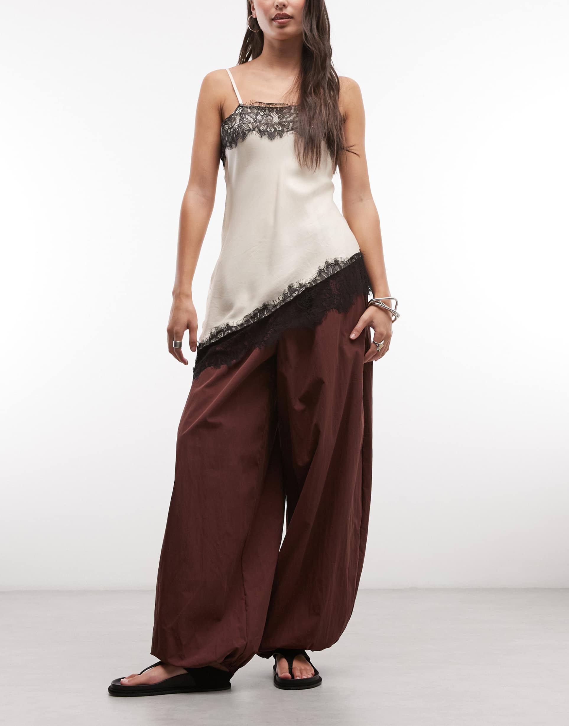 asos design cotton nylon blend pull-on balloon pants in brown