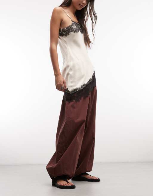 ASOS DESIGN cotton nylon blend pull-on balloon pants in brown | ASOS