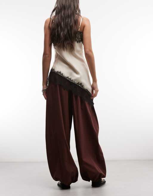 ASOS DESIGN cotton nylon blend pull-on balloon pants in brown, 3 of 5