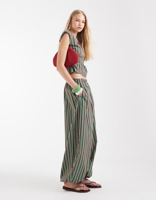 ASOS DESIGN cotton nylon blend pull on balloon pants in green and chocolate stripes, 5 of 7