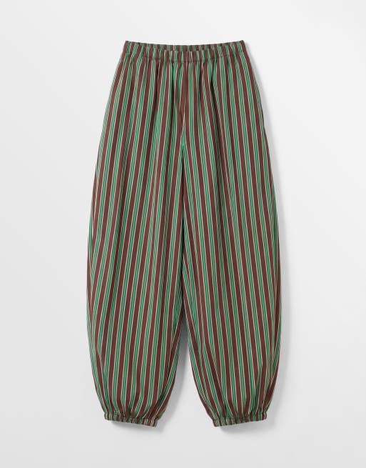 ASOS DESIGN cotton nylon blend pull on balloon pants in green and chocolate stripes, 6 of 7