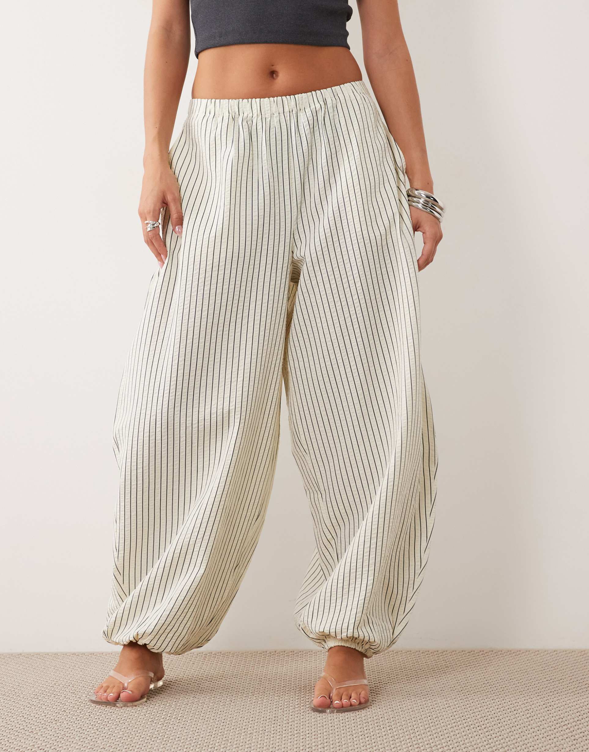 asos design cotton nylon blend pull on balloon pants in seersucker cream stripes