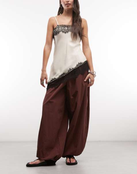 ASOS DESIGN cotton nylon blend pull on balloon trousers in brown - view 1