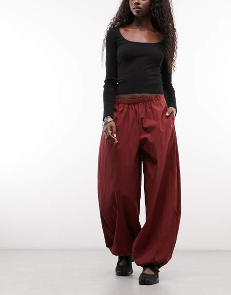 ASOS DESIGN cotton nylon blend pull on balloon trousers in burgundy - view 1