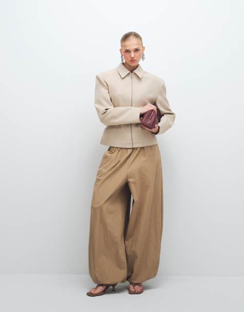 ASOS DESIGN cotton nylon blend pull on balloon trousers in camel