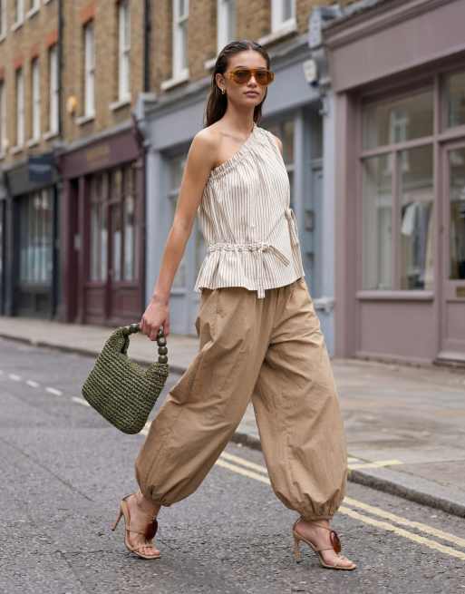 ASOS DESIGN cotton nylon blend pull on balloon trousers in camel, 12 of 12