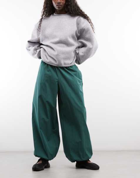 ASOS DESIGN cotton nylon blend pull on balloon trousers in dark green - view 1