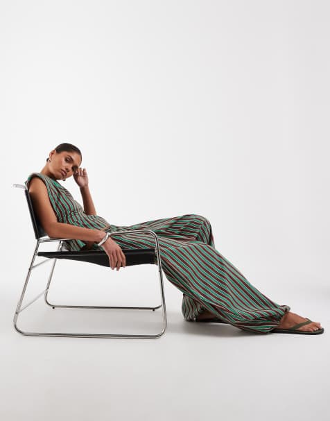 ASOS DESIGN cotton nylon blend pull on balloon trousers in green and chocolate stripe - view 1